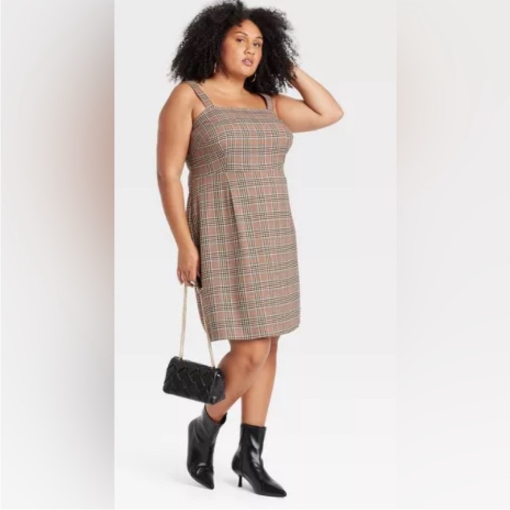 Women's Tailored Mini A-Line Dress - Ava & Viv™ Tan and Rust Plaid - Picture 2 of 5